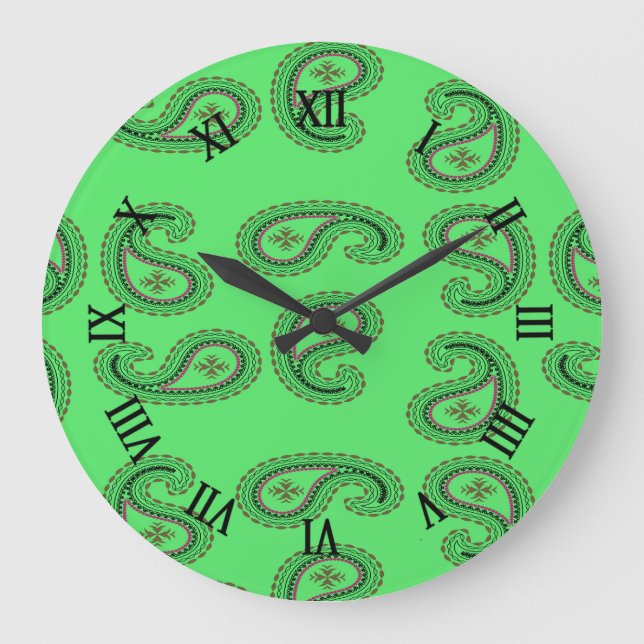 Dekorpaisley-Muster auf grün Große Wanduhr (Vorderseite)