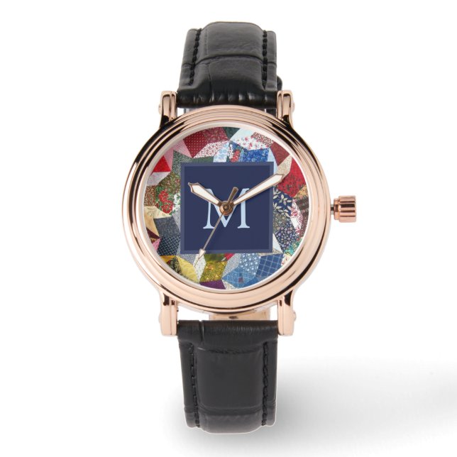 Dekorpatchwork-Sternenmuster-Monogramm Armbanduhr (Vorderseite)