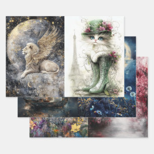 Dekoupage Buddha, Girl Rabbit, Lüster, Katze Geschenkpapier Set