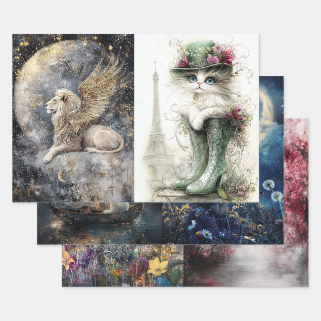 Dekoupage Buddha, Girl Rabbit, Lüster, Katze Geschenkpapier Set (Set)