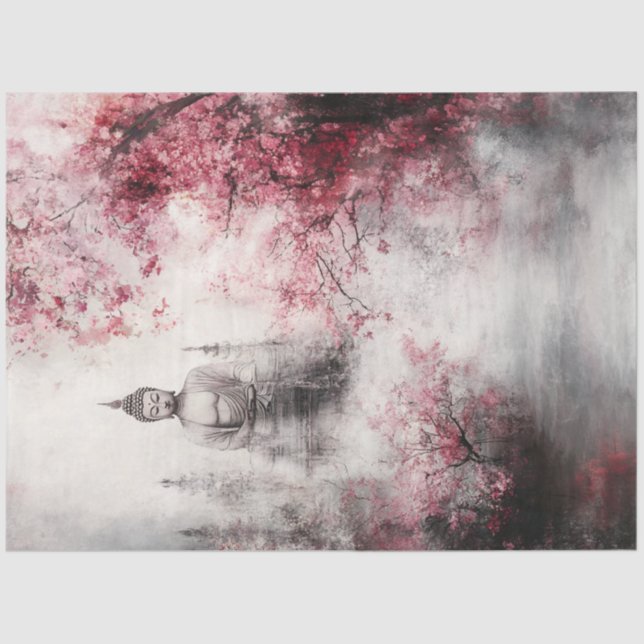 Dekoupage Buddha Statue Cherry Blossom Bäume Seidenpapier (Vorderseite)