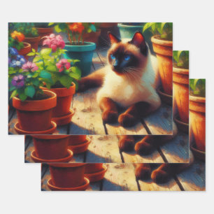 Dekoupage der Malerei von Siamese Cat Garden Geschenkpapier Set