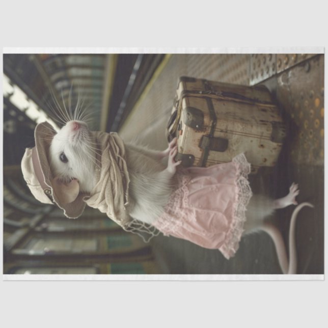 Dekoupage der weißen Maus Pink Rock Suitcase Seidenpapier (Vorderseite)