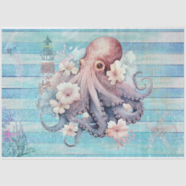 Dekoupage des blauen Blumenoktopus: Nautical Seidenpapier (Vorderseite)