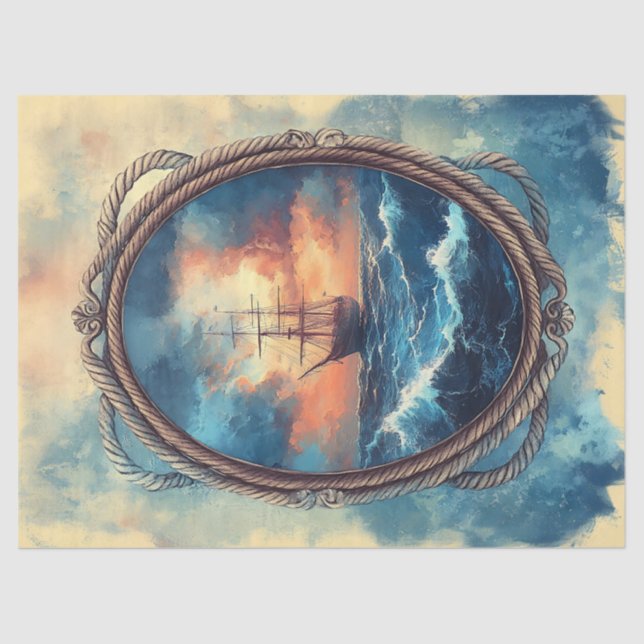 Dekoupage des Schiffs auf der Stormy Sea Rope Seidenpapier (Vorderseite)