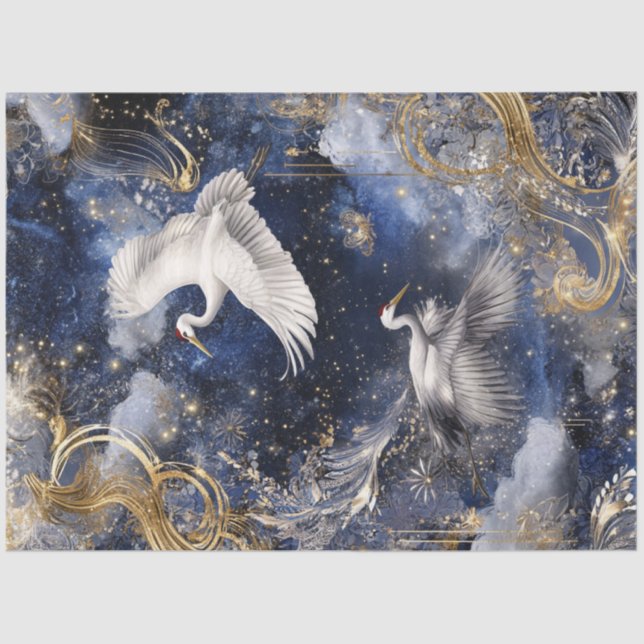 Dekoupage Elegante Krane in Flight Blue Gold Sky Seidenpapier (Vorderseite)