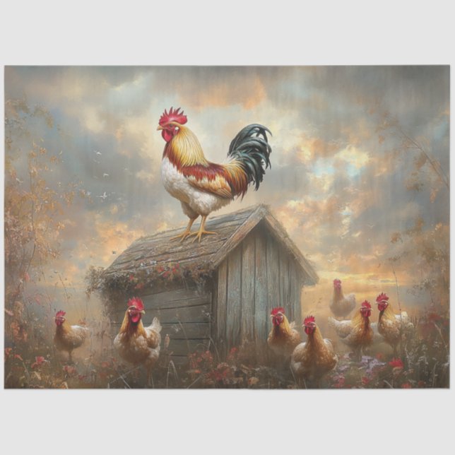Dekoupage Farm Rooster auf Shed Vibranage Plumage Seidenpapier (Vorderseite)