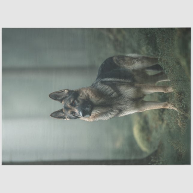 Dekoupage German Shepard in Misty Forest Seidenpapier (Vorderseite)