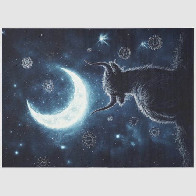 Dekoupage Highland Calf Sitting Hill Starring Moon Seidenpapier (Vorderseite)