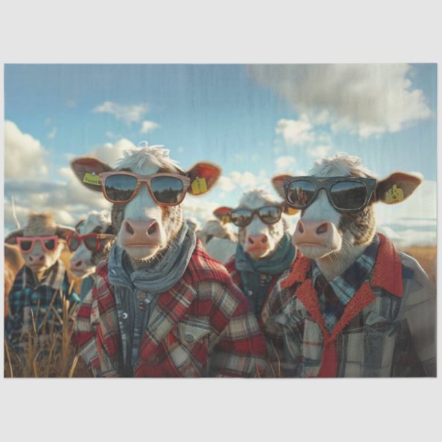 Dekoupage humorvolle Kühe verkleidet Farmkleidung Seidenpapier (Vorderseite)