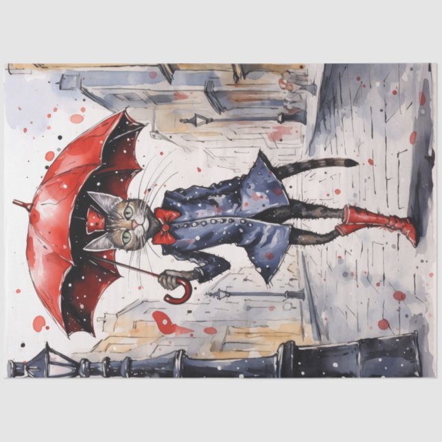 Dekoupage Katze mit rotem Regenschirm im Regen Seidenpapier (Vorderseite)