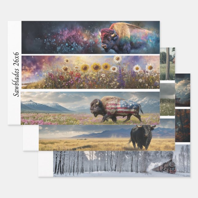 Dekoupage Kosmischer Bison Wildblumen Handsäge Des Geschenkpapier Set (Set)