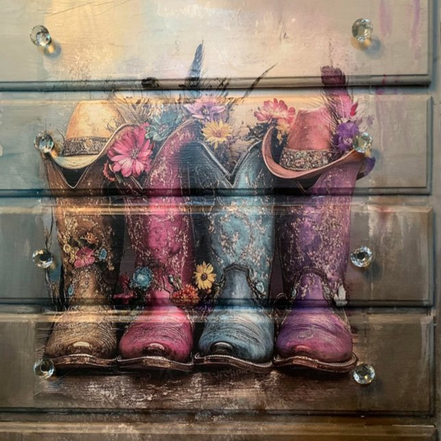 Dekoupage Lebendiger Western Stiefel Rosa Türkis Seidenpapier (Von Creator hochgeladen)