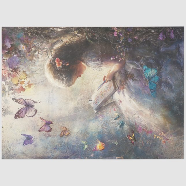 Dekoupage Little Girl Color Butterfells Whimsical Seidenpapier (Vorderseite)