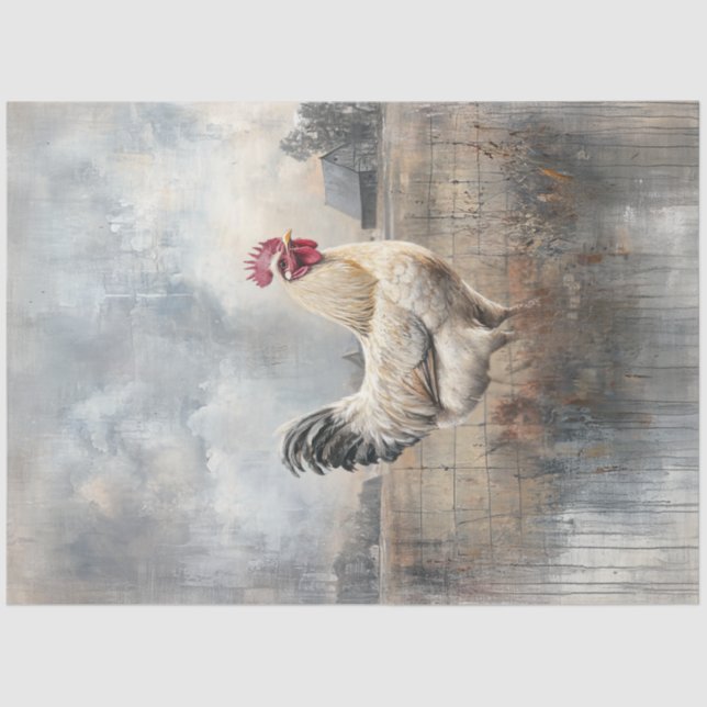 Dekoupage Majestic White Rooster Spot Field Seidenpapier (Vorderseite)