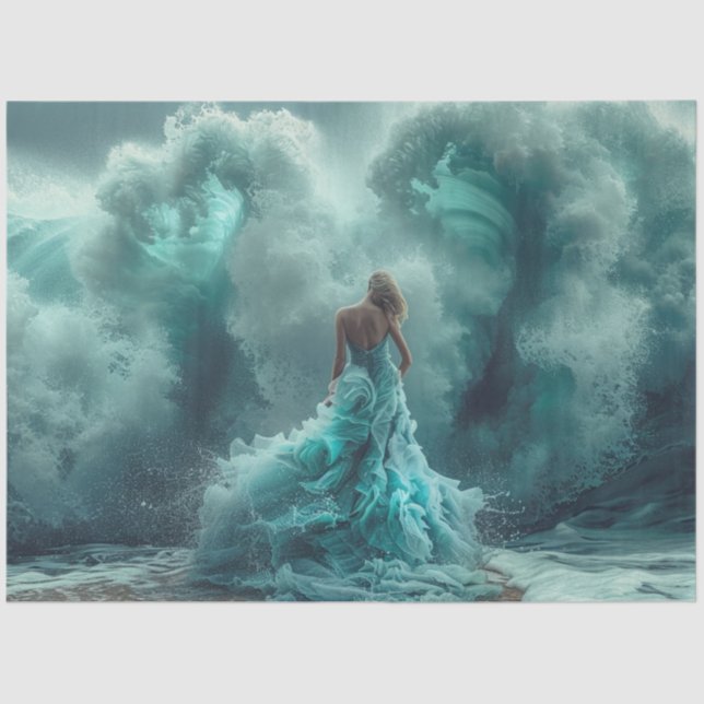 Dekoupage Mesmerizing Beach Frau Türkis Grün Seidenpapier (Vorderseite)