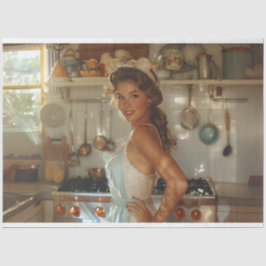 Dekoupage Mid Century Nostalgische Frau in Küche Seidenpapier