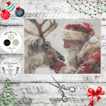 Dekoupage Mystical Santa & Rudolph Nose to Nose Seidenpapier<br><div class="desc">Das Bild zeigt eine Person, die in einem traditionellen Weihnachtskostüm gekleidet ist und in einem verzierten Stuhl sitzt. Das Kostüm umfasst einen roten Anzug mit weißem Pelzwerk, einen schwarzen Gürtel mit Goldknöchel und schwarze Stiefel. Die Person trägt weiße Handschuhe und hat einen weißen Bart. Neben dem Stuhl befindet sich ein...</div>