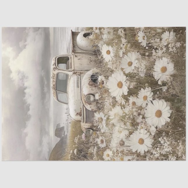 Dekoupage Nostalgic White Truck Field Daisies Seidenpapier (Vorderseite)