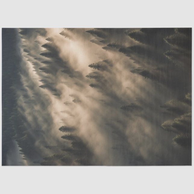 Dekoupage Paper - Misty Forest Sunrise | ruhig Seidenpapier (Vorderseite)