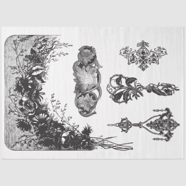 Dekoupage Paper von mehreren Schwarzweiß-Motiven Seidenpapier (Vorderseite)