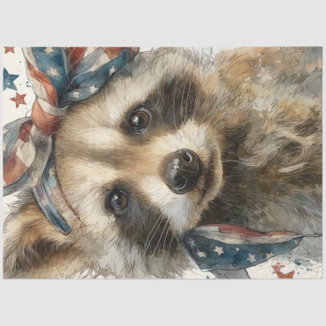 Dekoupage Patriotic Raccoon mit Flag Bandana Seidenpapier (Vorderseite)