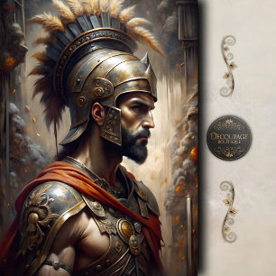 Dekoupage-Porträt eines spartanischen Kriegers mit Seidenpapier