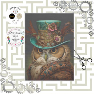 Dekoupage Steampunk Eule Türkis & Gefiederter Hut Seidenpapier