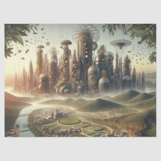 Dekoupage Steampunk Garden City Fantasy City Seidenpapier (Vorderseite)