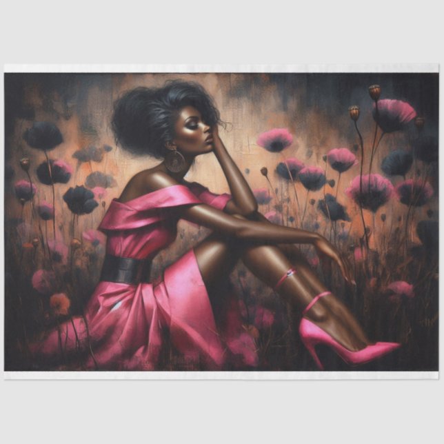 Dekoupage Tissue Hot Pink Poppies Woman Seidenpapier (Vorderseite)