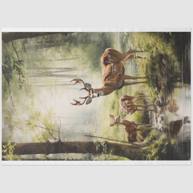 Dekoupage Tissue Reh mit Baby im Wald Seidenpapier (Vorderseite)