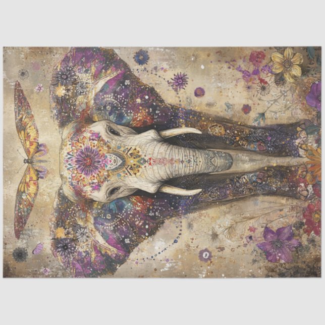 Dekoupage Vibranant Elephant farbenfrohe Blume Seidenpapier (Vorderseite)