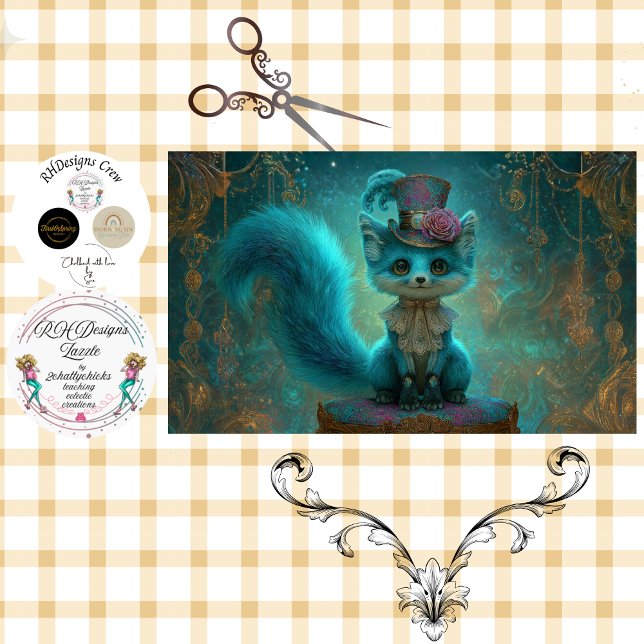 Dekoupage viktorianischer blauer Teal-Fantasy-Fuch Seidenpapier (Von Creator hochgeladen)