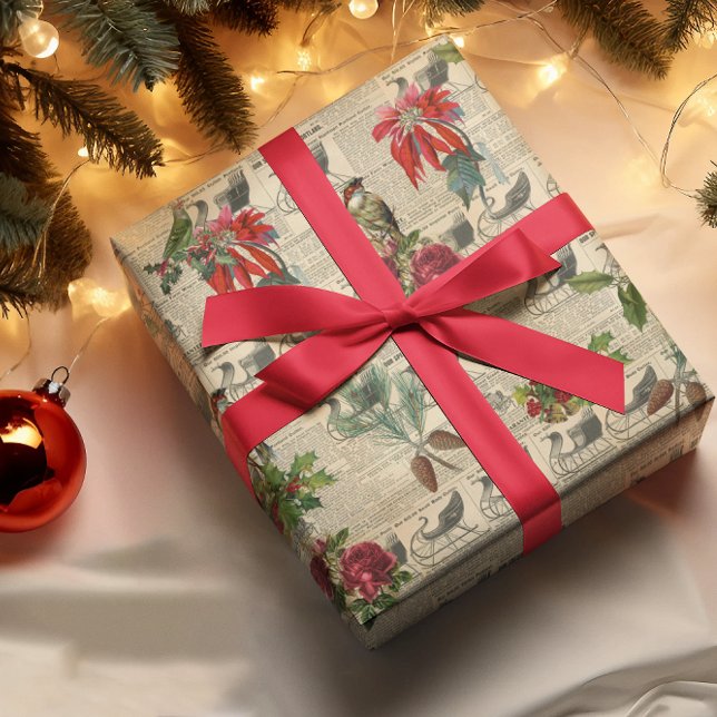 Dekoupage Vintag Poinsettia Holiday Bird Writing Geschenkpapier (Von Creator hochgeladen)
