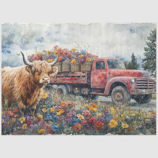 Dekoupage Vintag Red Truck Field Blume Seidenpapier (Vorderseite)