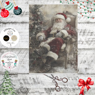 Dekoupage Vintag Santa in Verzierten Stuhl Seidenpapier