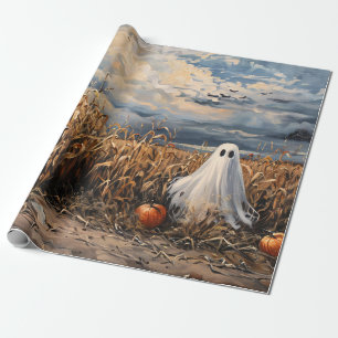 Dekoupage von Whimsical Ghost Corn Field Pumpkins Geschenkpapier