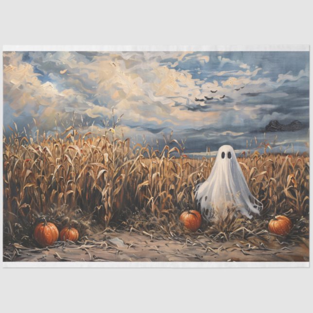 Dekoupage von Whimsical Ghost Corn Field Pumpkins Seidenpapier (Vorderseite)