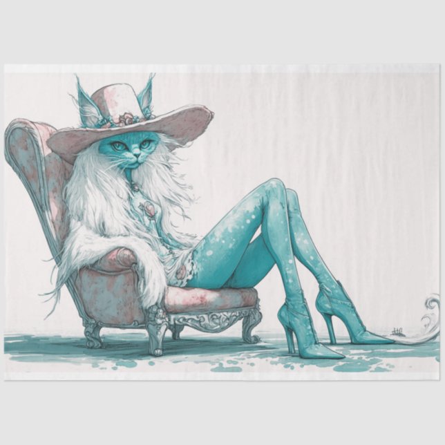 Dekoupage Whimsical Aquamarin White Cat in einem S Seidenpapier (Vorderseite)