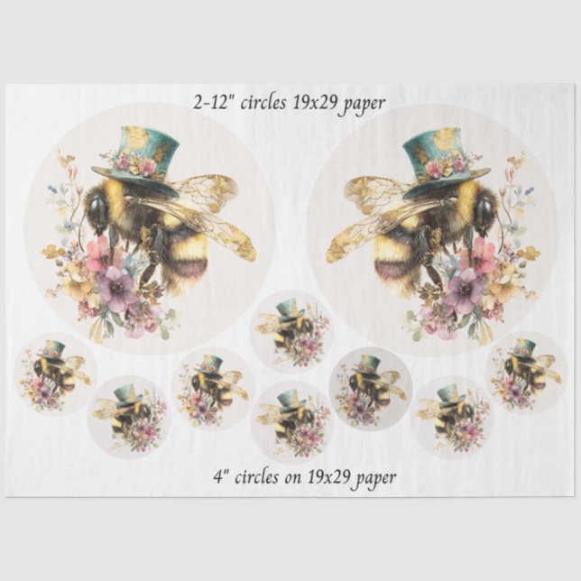 Dekoupage Whimsical Bee 12" Runden 4" Untersetzer  Seidenpapier (Vorderseite)