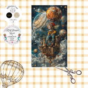 Dekoupage Whimsical Boy Riding in Hot Air Ballon Seidenpapier