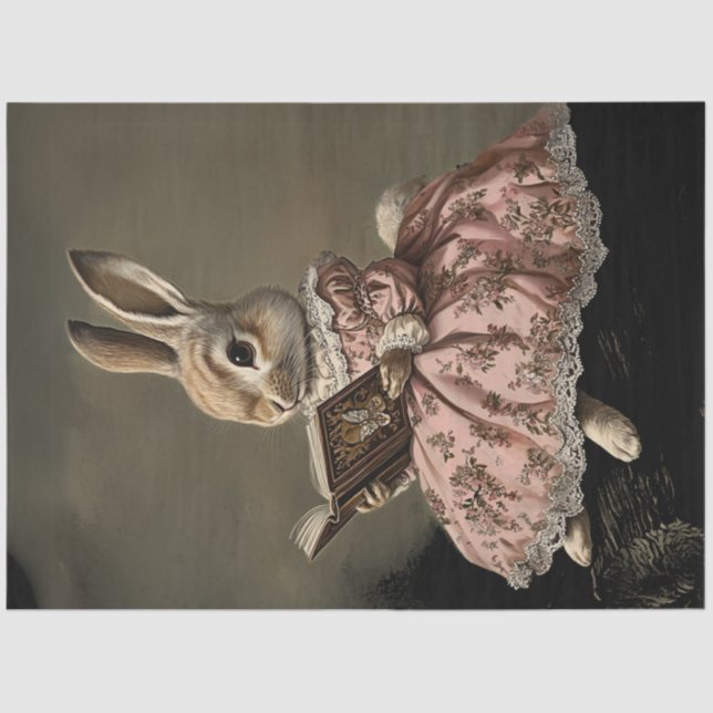 Dekoupage Whimsical Bunny Girl Reading Book on Log Seidenpapier (Vorderseite)