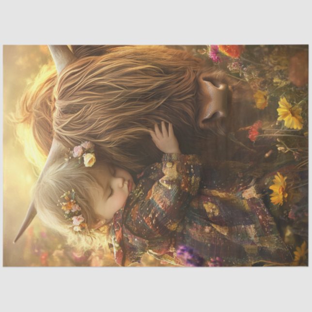 Dekoupage Whimsical Child mit Highland Cow Seidenpapier (Vorderseite)