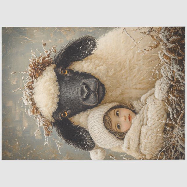 Dekoupage Whimsical Child Sitting with Sheep Seidenpapier (Vorderseite)