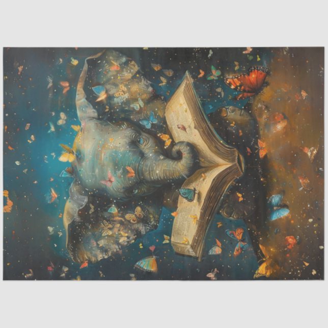 Dekoupage Whimsical Elephant mit Schulbüchern Seidenpapier (Vorderseite)