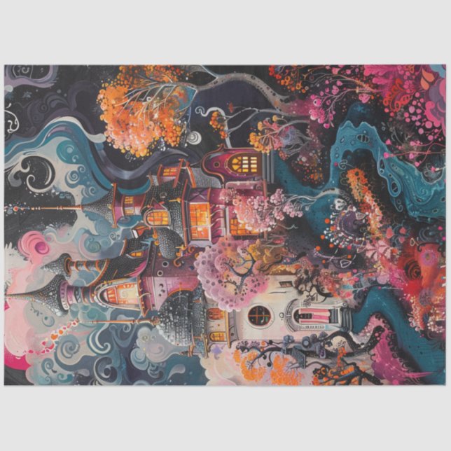 Dekoupage Whimsical Fantastische House Farbe Seidenpapier (Vorderseite)