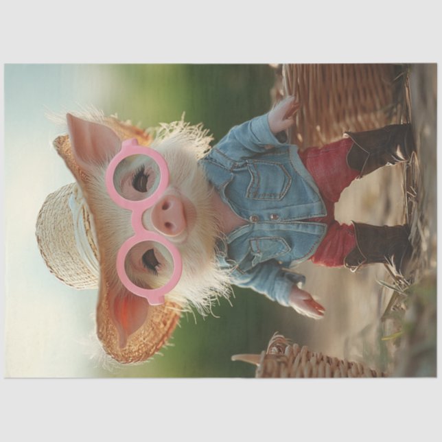 Dekoupage Whimsical Farm Piglet in Strohhut Seidenpapier (Vorderseite)