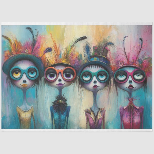 Dekoupage Whimsical Feathered Foursome Ladys Seidenpapier (Vorderseite)