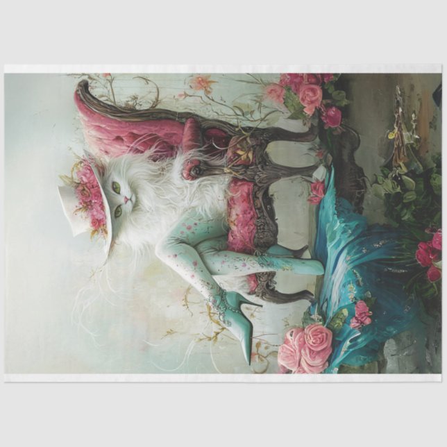 Dekoupage Whimsical Graceful Exotic Katze im Stuhl Seidenpapier (Vorderseite)