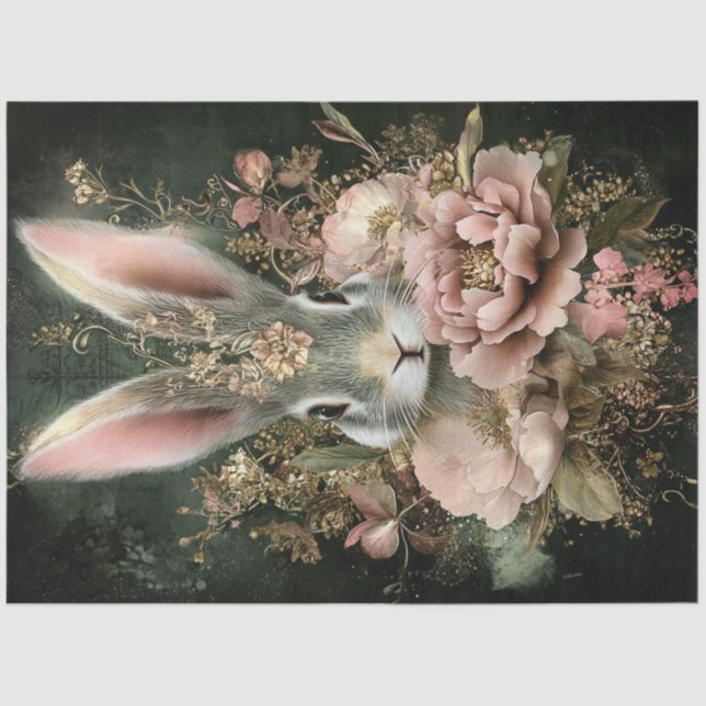 Dekoupage Whimsical Osterkaninchen Intrikate Blume Seidenpapier (Vorderseite)